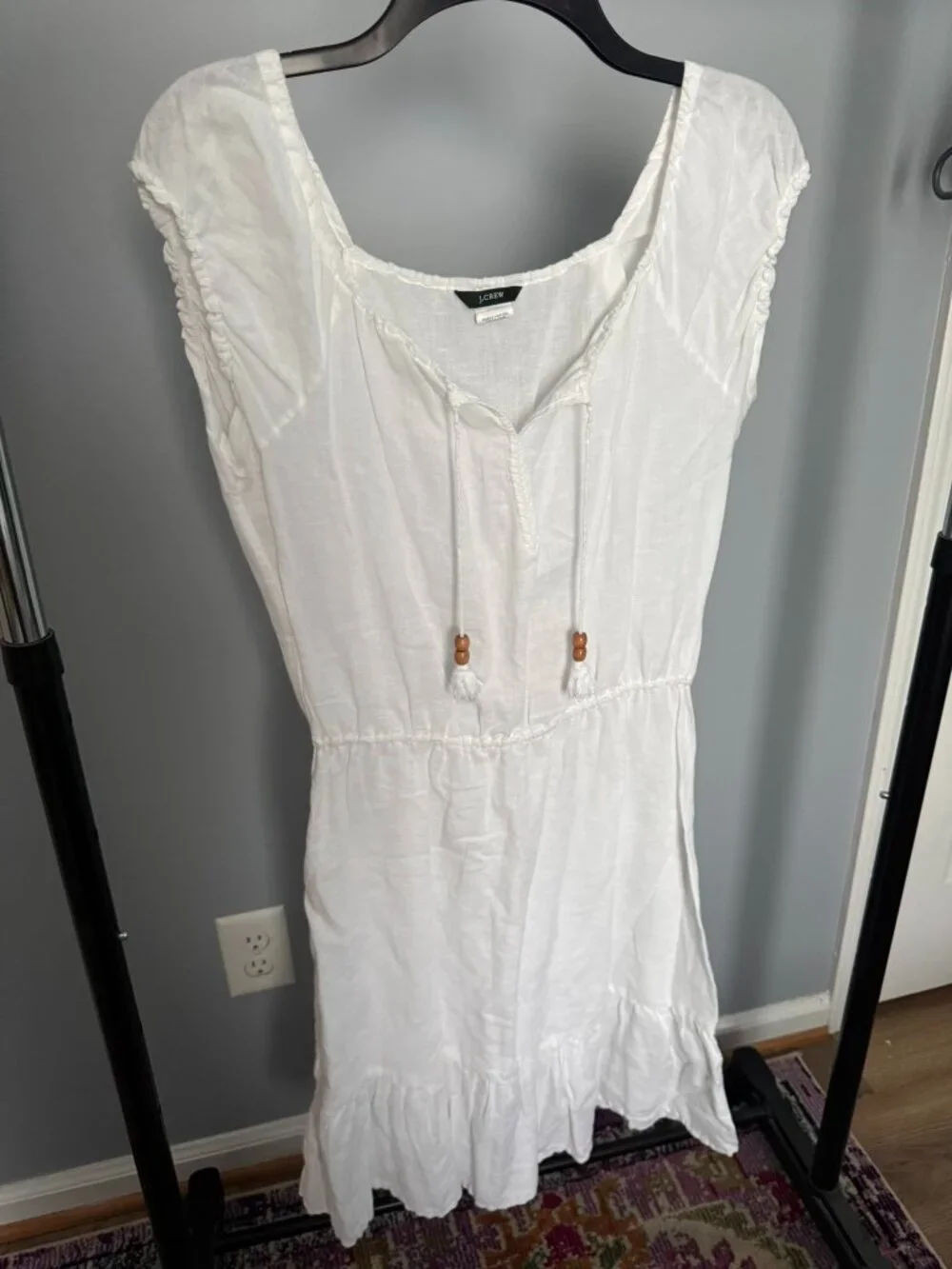 J.Crew White Linen Cotton Boho Peasant Dress Tassel Pockets S